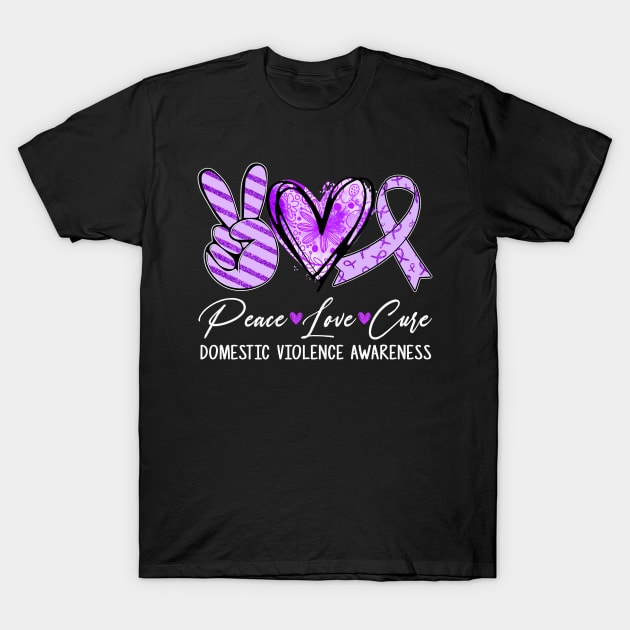 Peace Love Cure Purple Ribbon Domestic Violence Awareness T-Shirt by Bruce D Hubbard